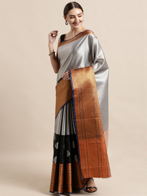 

VASTRANAND Silver-Coloured & Black Silk Blend Colourblocked Kanjeevaram Saree