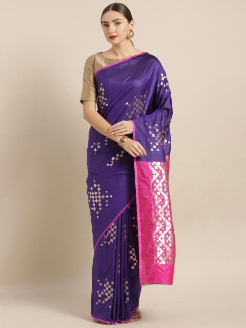 

VASTRANAND Purple & Silver-Toned Silk Blend Woven Design Banarasi Saree