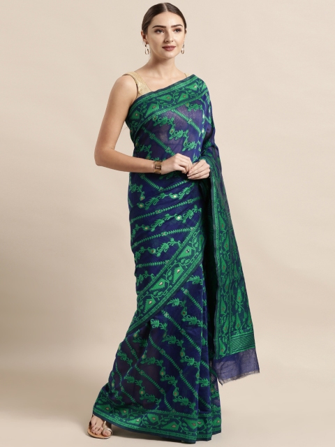 

VASTRANAND Navy Blue & Green Silk Cotton Woven Design Jamdani Saree