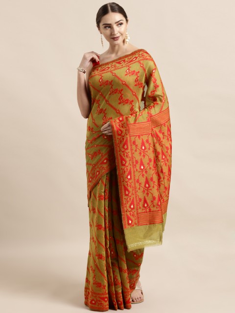 

VASTRANAND Olive Green & Red Silk Cotton Woven Design Jamdani Saree, Mustard