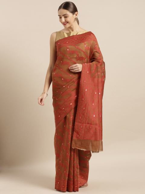 

VASTRANAND Brown & Red Silk Cotton Woven Design Jamdani Saree