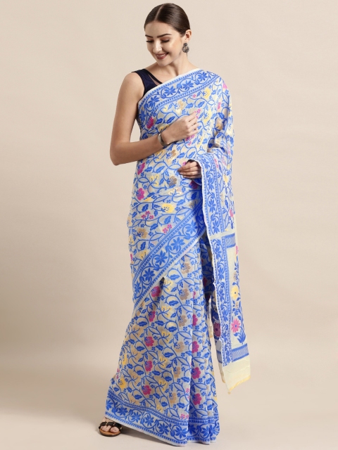 

VASTRANAND Beige & Blue Silk Cotton Woven Design Jamdani Saree