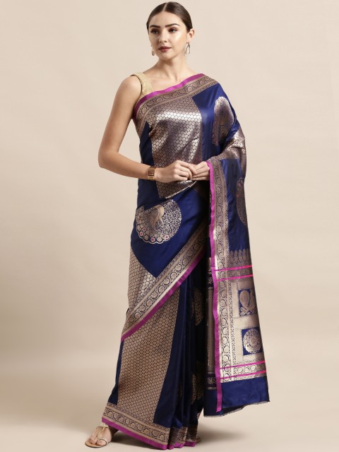 

VASTRANAND Navy Blue Silk Blend Woven Design Banarasi Saree