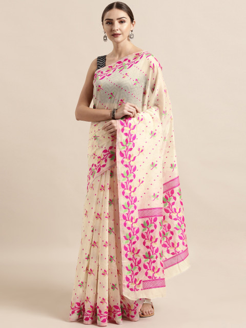 

VASTRANAND Cream-Coloured & Pink Silk Cotton Woven Design Jamdani Saree