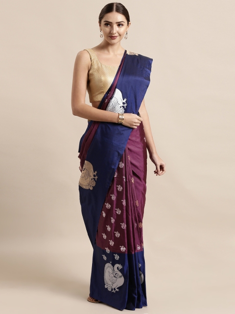 

VASTRANAND Burgundy & Navy Blue Silk Blend Woven Design Kanjeevaram Saree