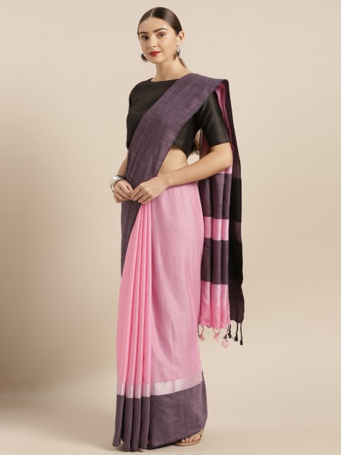 

VASTRANAND Pink & Black Linen Blend Solid Saree