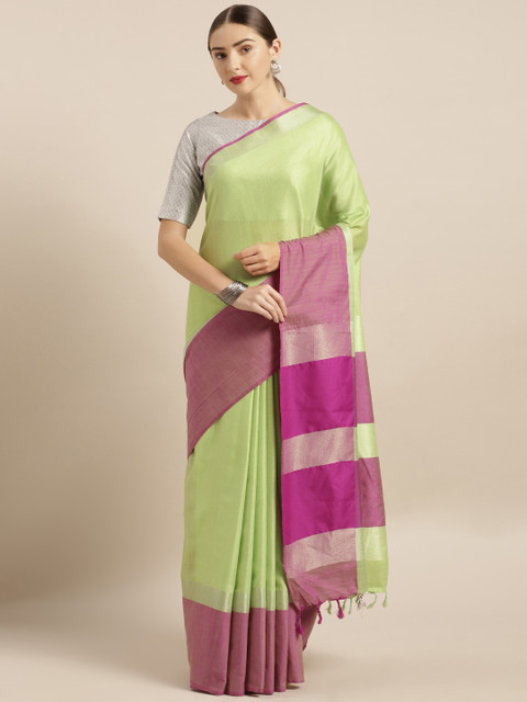 

VASTRANAND Green Solid Linen Blend Saree
