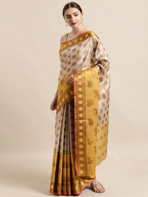 

VASTRANAND Off-White & Mustard Yellow Tissue Woven Design Kanjeevaram Saree