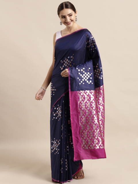 

VASTRANAND Navy Blue Silk Blend Woven Design Banarasi Saree