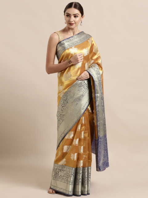 

VASTRANAND Mustard Yellow & Navy Blue Tissue Woven Design Kanjeevaram Saree