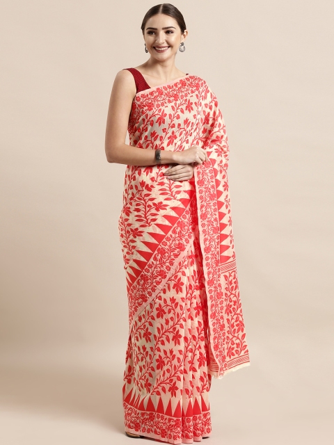 

VASTRANAND Beige & Red Silk Cotton Woven Design Jamdani Saree