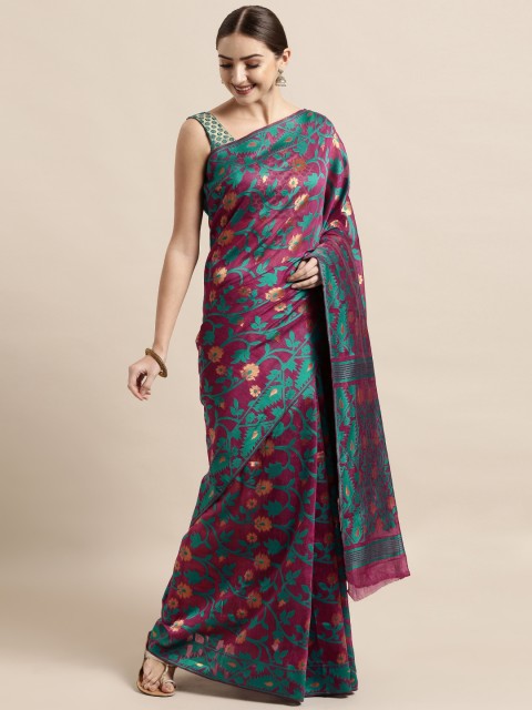 

VASTRANAND Burgundy & Green Silk Cotton Woven Design Jamdani Saree