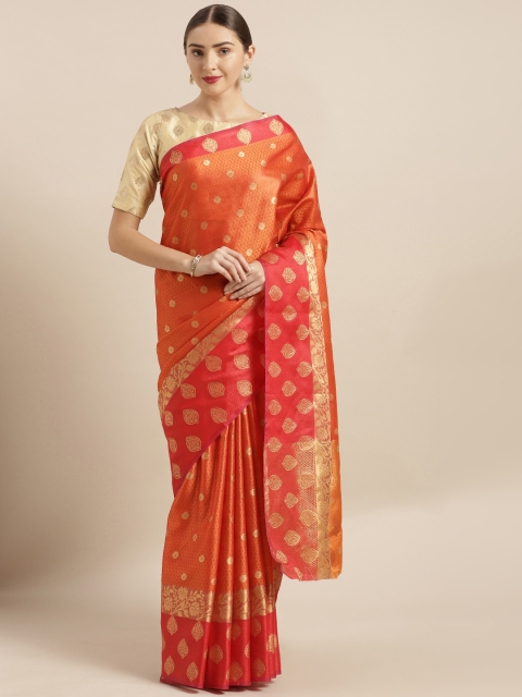 

VASTRANAND Orange & Red Kora Muslin Silk Blend Woven Design Kanjeevaram Saree