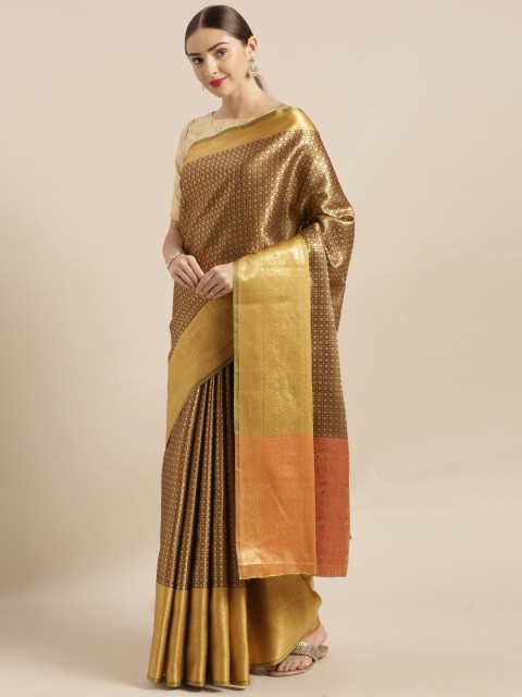 

VASTRANAND Brown & Gold-Coloured Silk Blend Woven Design Kanjeevaram Saree