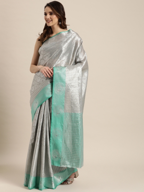 

VASTRANAND Silver-Toned & Turquoise Blue Silk Blend Woven Design Kanjeevaram Saree