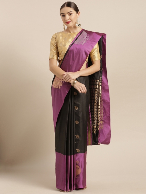 

VASTRANAND Black Silk Blend Solid Kanjeevaram Saree