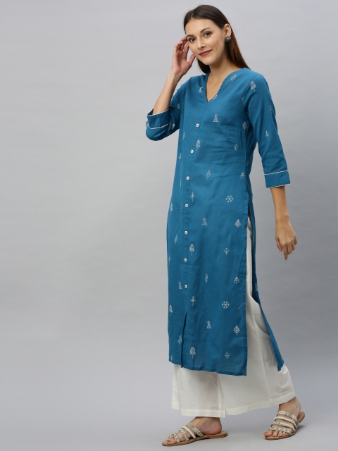 

Anouk Women Teal Blue & White Printed Straight Kurta