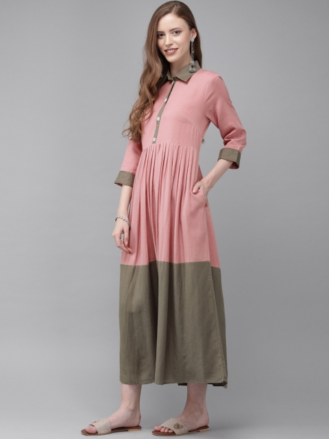 

Anouk Women Pink & Olive Green Colourblocked A-Line Dress