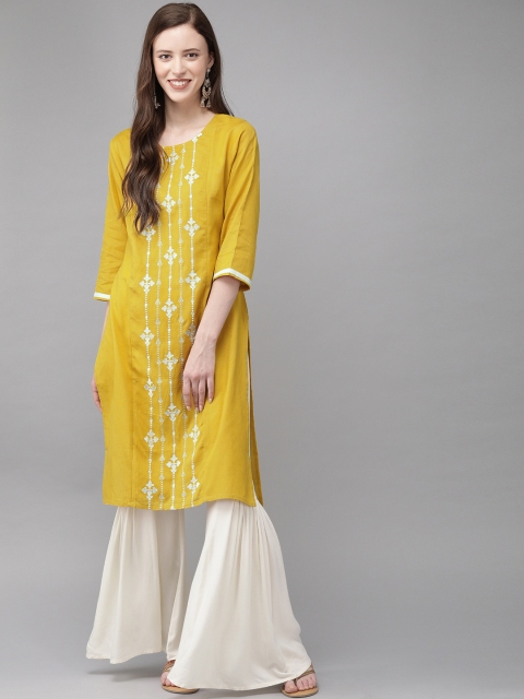 

Anouk Women Yellow & Beige Embroidered Straight Kurta