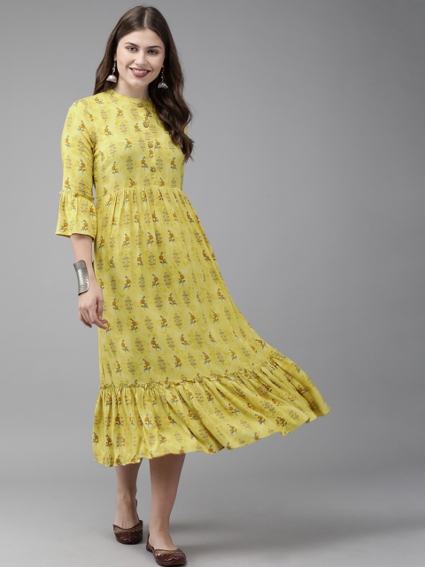 

Anouk Women Mustard Yellow & Purple Printed A-Line Kurta