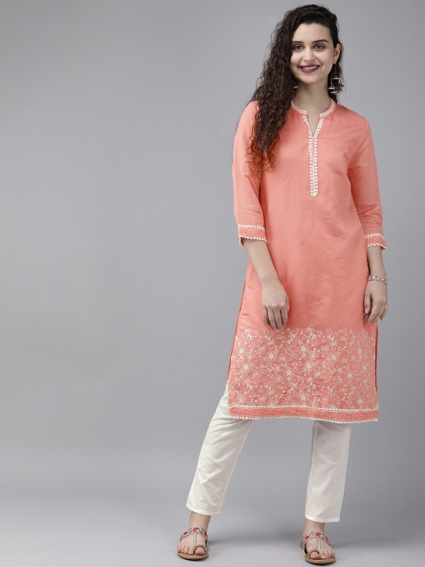 

Anouk Women Pink & White Placement Embroidered Kurta with Trousers