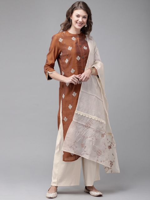 

Anouk Women Brown & Beige Embroidered Kurta with Palazzos & Dupatta