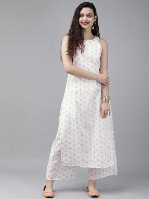 

Anouk Women White & Mustard Yellow Printed Kurta with Palazzos
