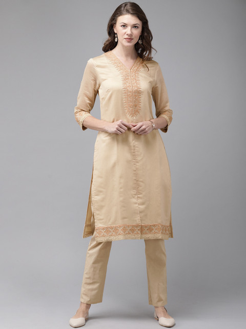 

Anouk Women Beige Embroidered Kurta with Trousers