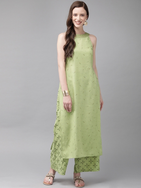 

Anouk Women Green Printed Kurta with Palazzos With Thread Work Detail