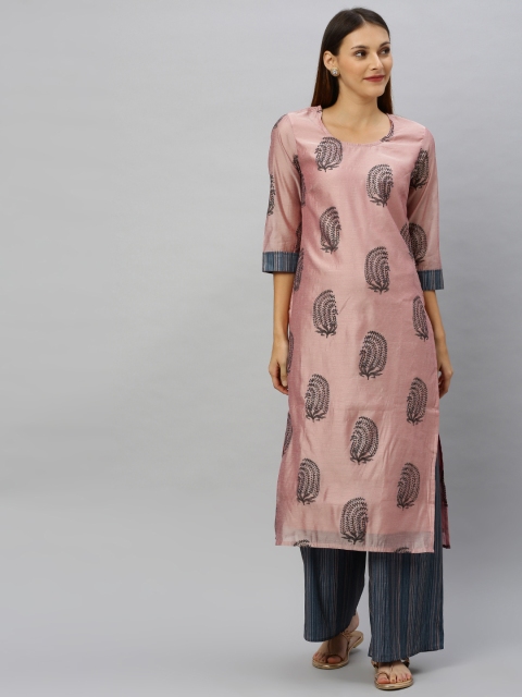 

Anouk Women Pink & Teal Blue Ethnic Motifs Printed Kurta with Palazzos