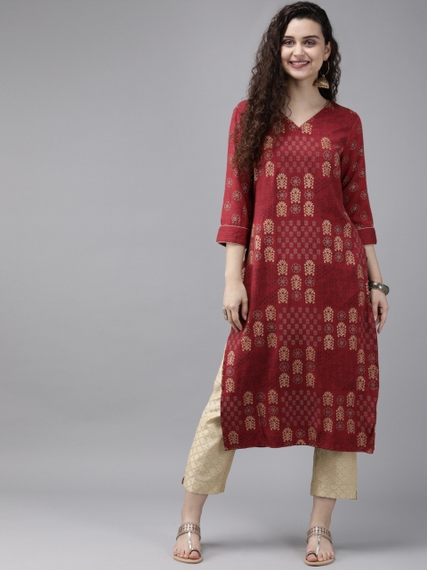 

Anouk Women Maroon & Gold-Toned Printed Straight Kurta