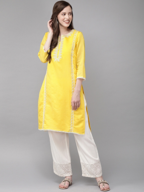 

Anouk Women Yellow & Beige Embroidered Straight Kurta