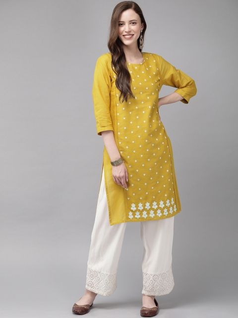 

Anouk Women Yellow & White Embroidered Straight Kurta