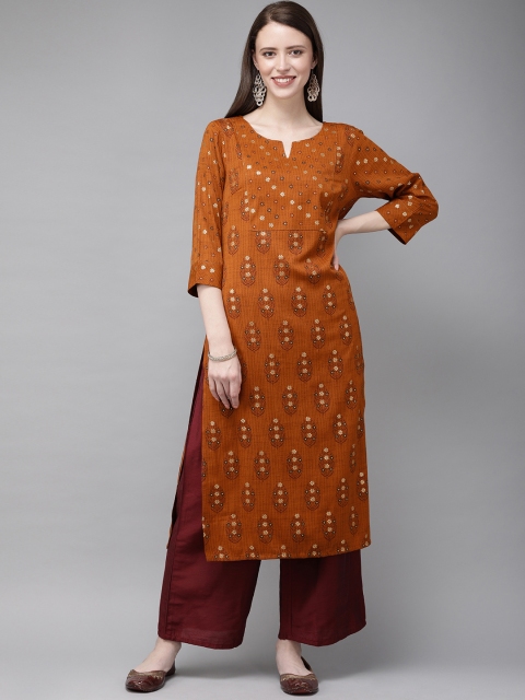 

Anouk Women Brown & Gold-Toned Foil Printed Straight Kurta