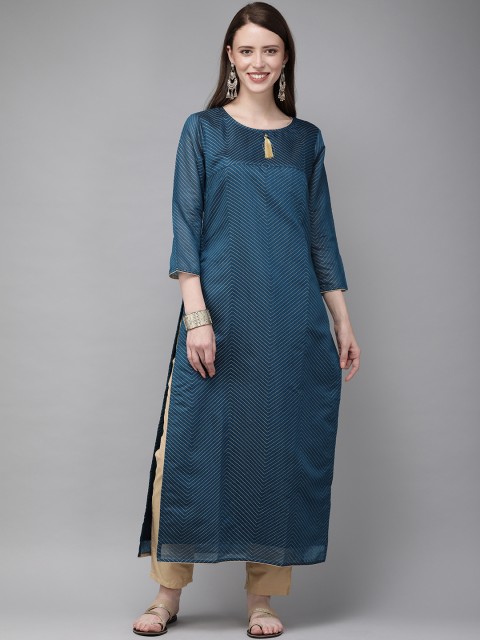

Anouk Women Teal Blue & Gold-Toned Foil Printed Straight Kurta With Embellishments