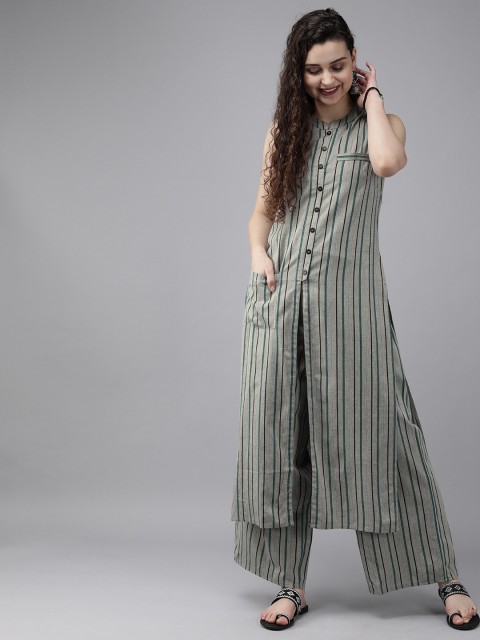 

Anouk Women Grey & Blue Striped Kurta with Palazzos