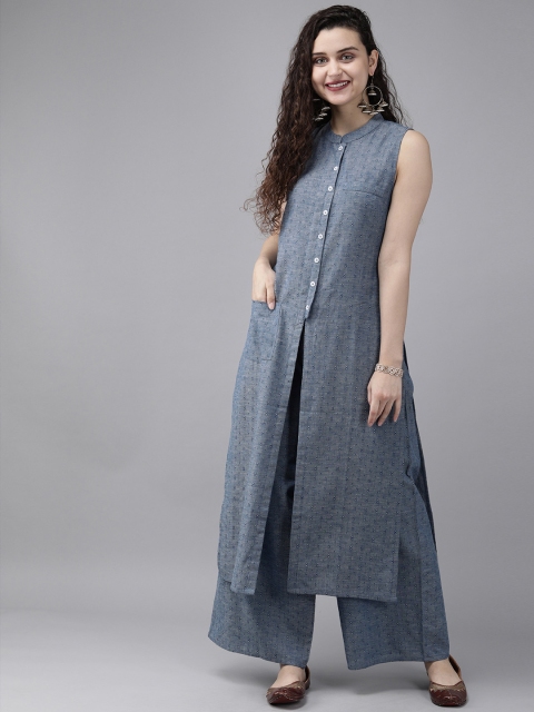 

Anouk Women Navy Blue & Off-White Self Design Kurta with Palazzos