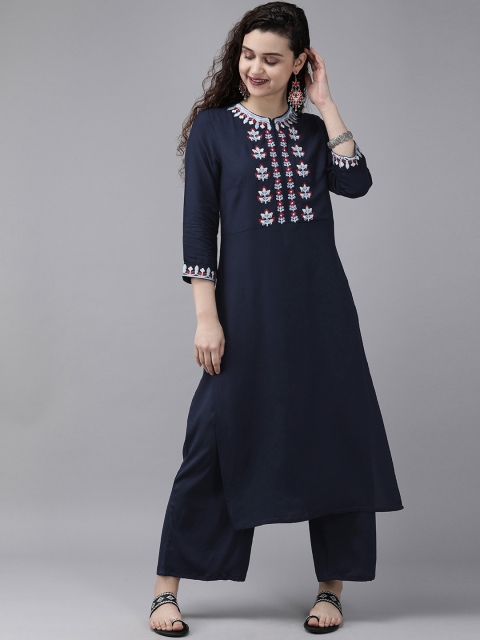 

Anouk Women Navy Blue Embroidered Yoke Design Kurta with Palazzos