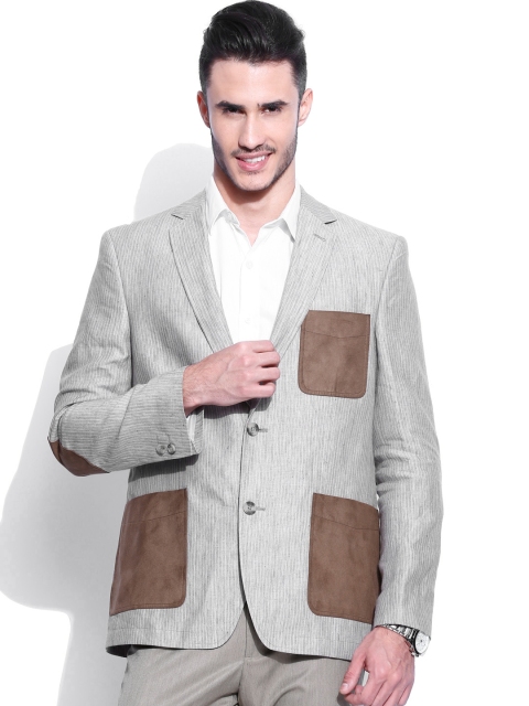 

SUITLTD Grey Striped Linen Single-Breasted Blazer