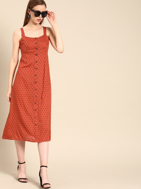 

DressBerry Women Rust Orange & Black Printed Pinafore Dress
