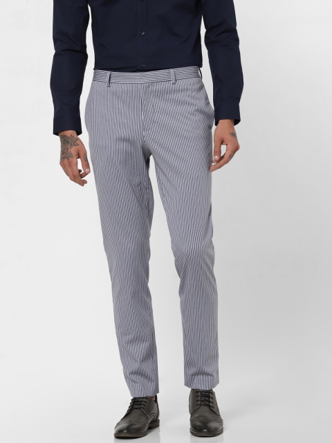 

Jack & Jones Men White & Navy Blue Slim Fit Striped Regular Trousers