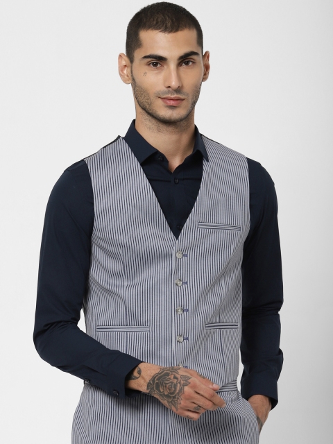 

Jack & Jones Men Blue & White Striped Slim Fit Waistcoat