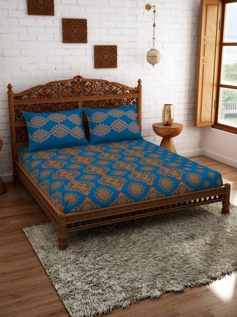 

SPACES Blue Ethnic Motifs 210 TC Cotton 1 Queen Bedsheet with 2 Pillow Covers