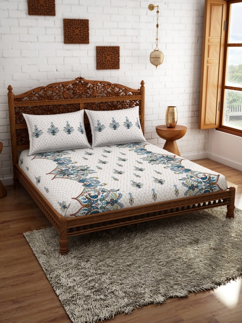 

SPACES White & Blue Ethnic Motifs 210 TC Cotton 1 Queen Bedsheet with 2 Pillow Covers