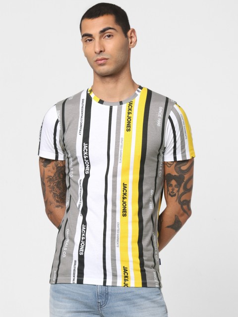 

Jack Jones Men White Striped Slim Fit Round Neck Pure Cotton T-shirt