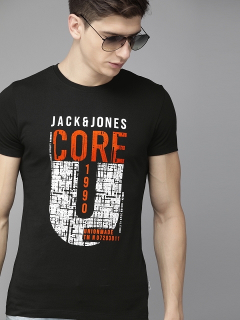 

Jack Jones Men Black Printed Slim Fit Round Neck Pure Cotton T-shirt