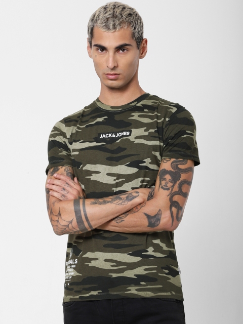 

Jack Jones Men Olive Green Black Camouflage Printed Slim Fit Round Neck Pure Cotton T-shirt