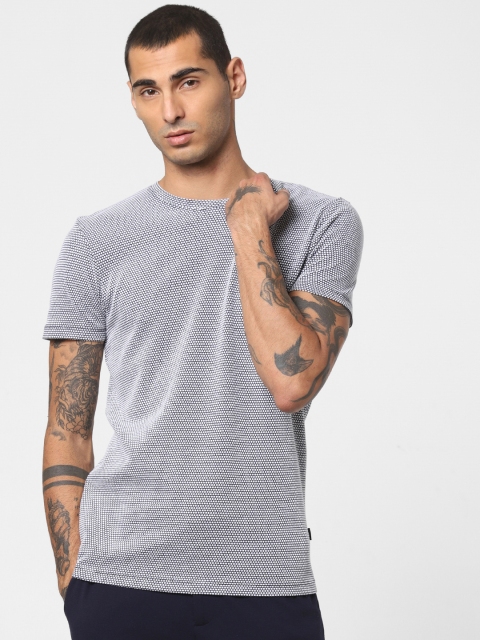 

Jack Jones Men White Navy Blue Self Design Slim Fit Round Neck Pure Cotton T-shirt