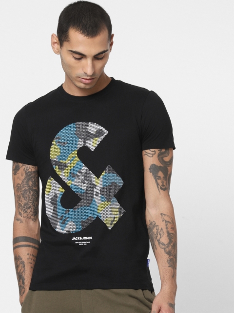 

Jack Jones Men Black Slim Fit Printed Round Neck Pure Cotton T-shirt