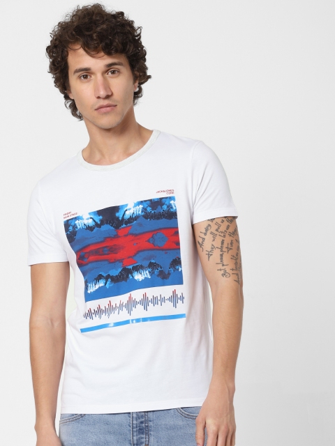 

Jack Jones Men White Abstract Printed Slim Fit Round Neck Organic Cotton T-shirt